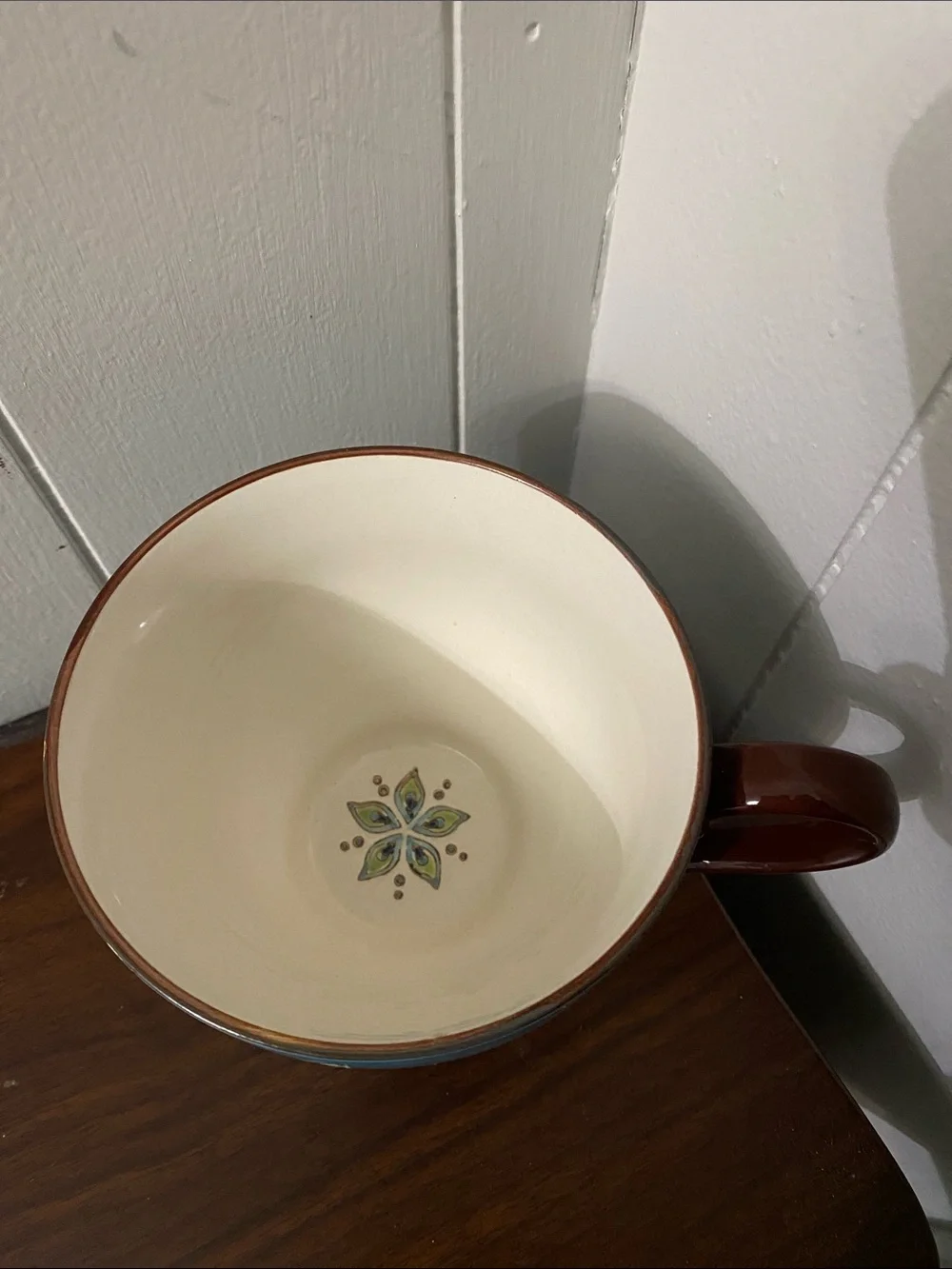 Pier 1 Turquoise Peacock Feather Ceramic Mug with Brown Handle